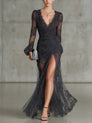 Sofia | Robe longue froncée en dentelle gris foncé