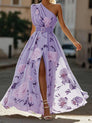 Julie | Robe longue asymétrique en mousseline à fleurs vert clair