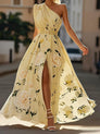 Julie | Robe longue asymétrique en mousseline à fleurs vert clair