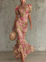 Mae | Robe longue à manches bouffantes et imprimé rose vintage