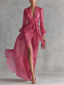 Beatrice | Robe longue élégante en mousseline, col en V et taille nouée