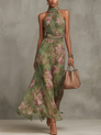 Florence | Robe longue dos nu en mousseline à motif floral vert