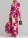 Julia | Robe longue à fleurs roses, col en V et ceinture