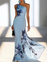 Victoria | Robe longue à épaules dénudées avec imprimé à l'encre satinée