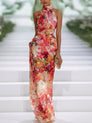 Fae | Robe longue sans manches à fleurs en mousseline rouge