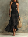 Susie | Robe longue bohème à col montant et volants en dentelle