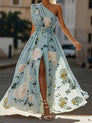 Julie | Robe longue asymétrique en mousseline à fleurs vert clair