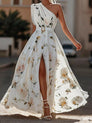 Julie | Robe longue asymétrique en mousseline à fleurs vert clair